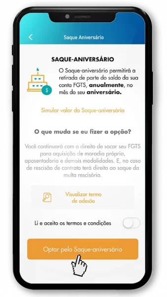 Tela de celular para optar pelo Saque-aniversário pelo App FGTS