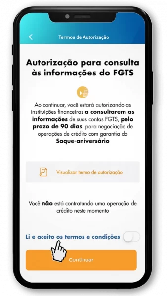 Tela de Celular com termos de autorização no App FGTS